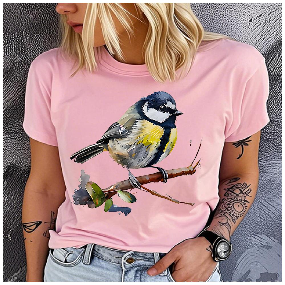 Unisex Polyester 100% Watercolor Hand-Painted Blue Jay Print T-Shirt Loose round Neck Casual Short Sleeve Fashion Top for Summer