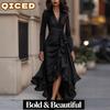 Women's Fashion Spring Autumn Solid Color Print Long Sleeve V-Neck Casual Dresses
