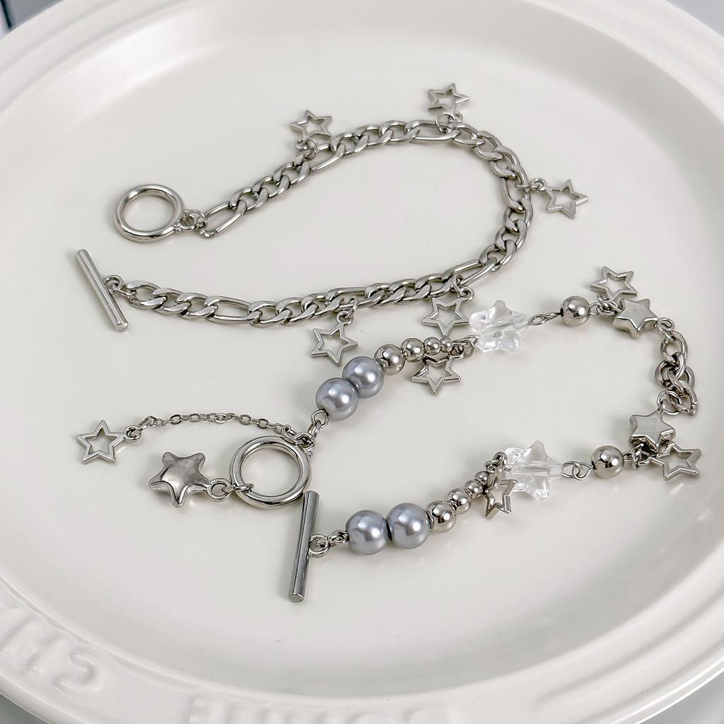 Salircon 2Pcs Trend Y2K Hollow Star Pendant Bracelet Irregular Ball Bead Chain Bracelet Women's Party Hip Hop Jewelry Gif