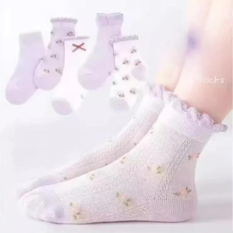 

5 пар/лот, детские мягкие хлопковые носки, корейские носки с цветочным принтом и сердечками для маленьких девочек, осенне-зимние теплые детские носки среднего размера L 6-8Yea
