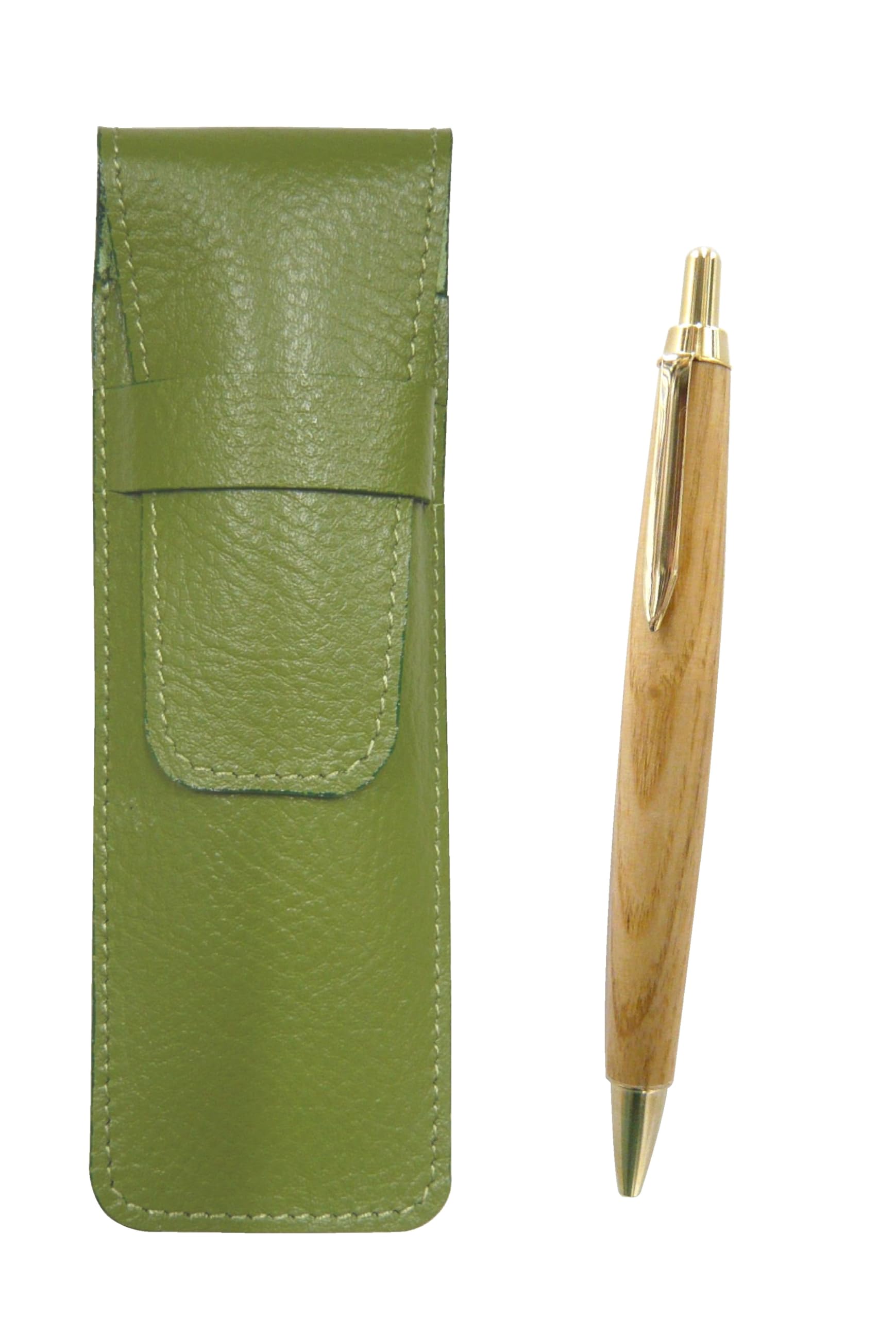 

Grained leather pen case and retro maple wood shaft ballpoint pen set yellow-green SASKI-HS47S
