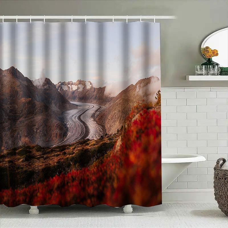 Mountain Landscape Shower Curtain Nature Forest Waterfall Scenic Backdrop Bathroom Decor Rustic Home Decor Vintage Artistic Wall