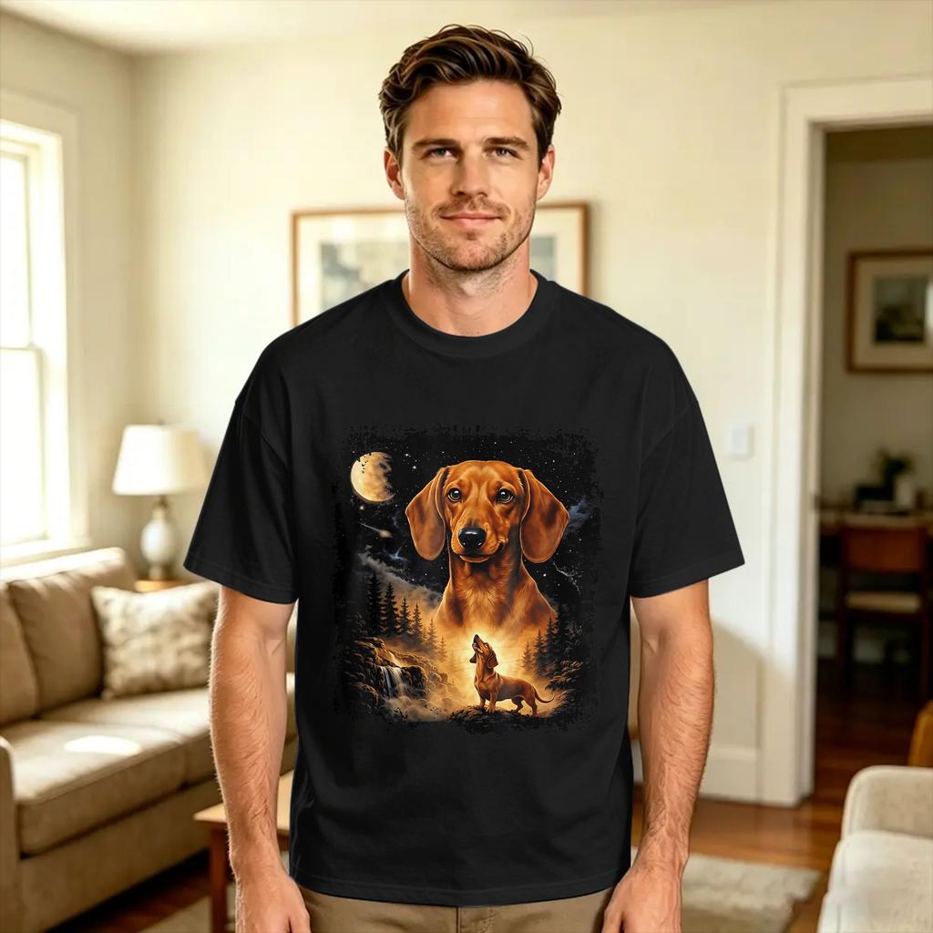 Vintage Dachshund Howling To The Moon 90s Retro Animals T Shirt Summer 100 Cotton T Shirts For Unisex Design Tshirt Short Sleeve