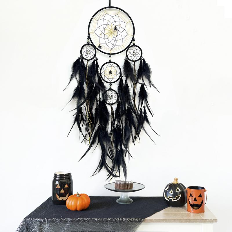 Dream Catcher Hand-woven Black Feathers Wind Chimes Room Wall Hangings Halloween Decorations Festival Party Gifts Home Accessory