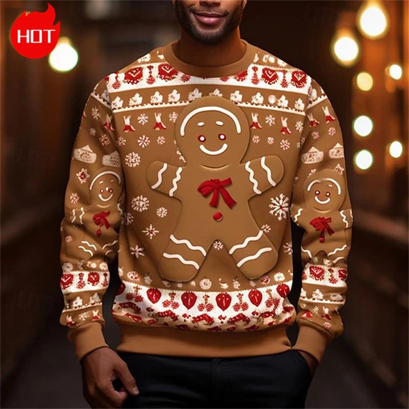 Gingerbread Man 3D Printing Sweatshirts Vintage Happy Christmas Graphic Round Neck Hoodie Fashion Ugly Christmas Sweatshirt Tops