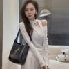 Design-Sense Autumn Asymmetrical Slash Neck Long-Sleeved Ribbon Top