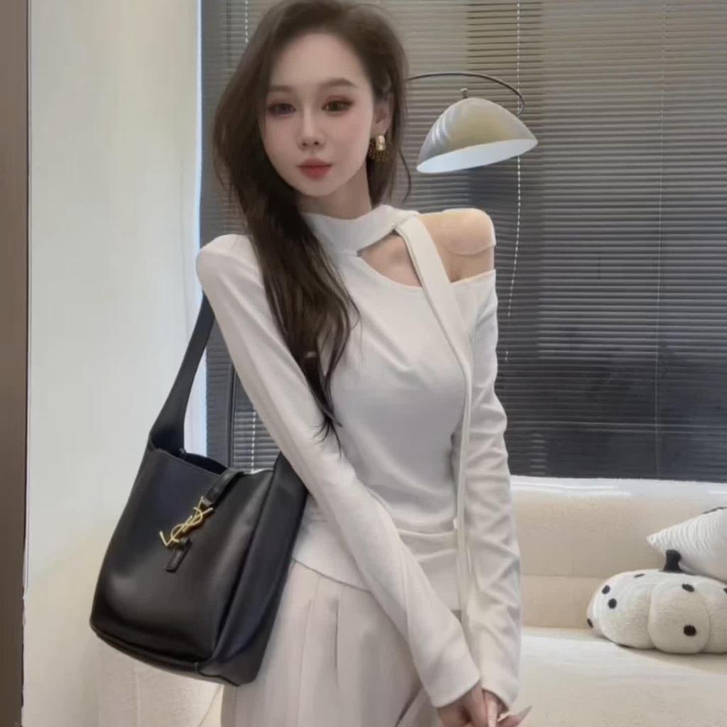 Design-Sense Autumn Asymmetrical Slash Neck Long-Sleeved Ribbon Top