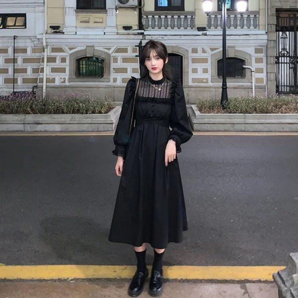 Autumn Gothic Black Lace Dress Women Casual Elegant Party Midi Ruffle Long Sleeve Dress Emo Y2k Goth Clothes