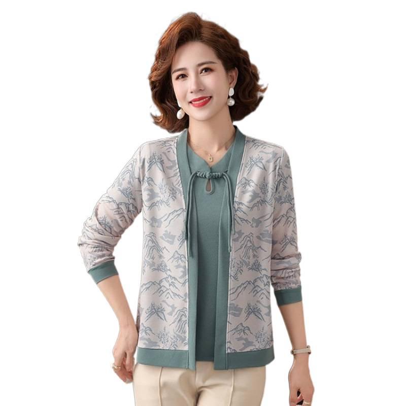 Elegant Spring Knit Two-Piece Set: Women's Chinese Style Long-Sleeve Cardigan for 40s and Up
