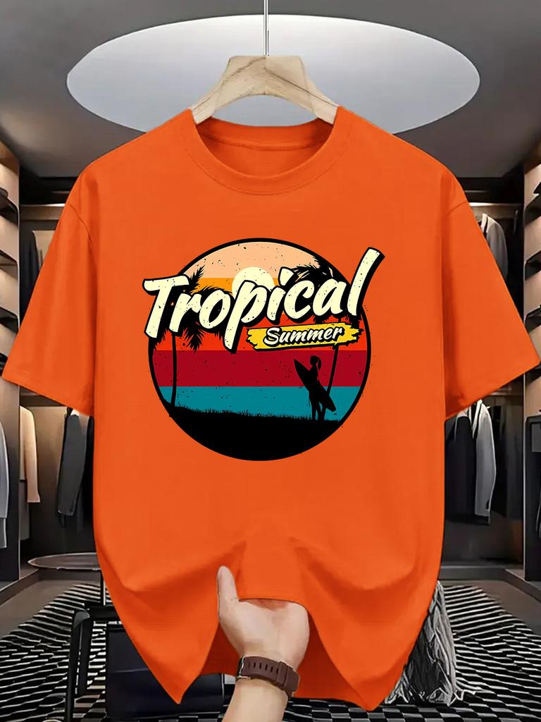 Tropical Summer Unisexs Crew Neck T Shirt Retro Sunset Surfer Palm Tree Vintage Circle Graphic Short Sleeve Casual Street Tops