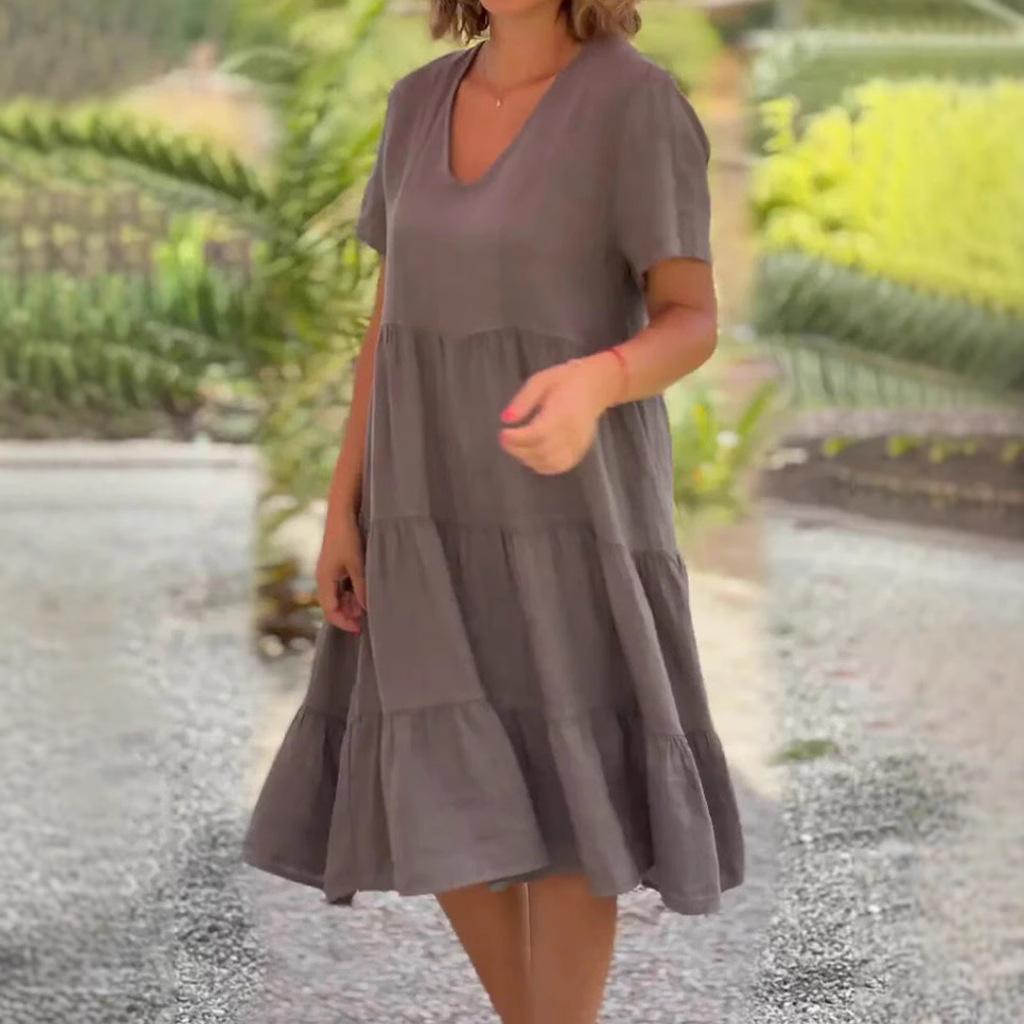 Cotton Linen Casual Women's Dresses Spring Summer Sweet Short Sleeve Solid V-neck Large Swing Loose Dress