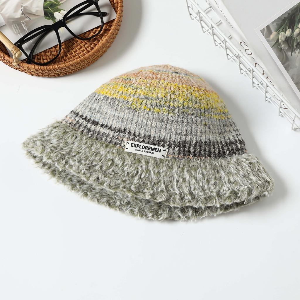 Women's Winter Warm Plush Knitted Wool Hat Korean Style Trendy Striped Face Small Windproof Versatile Basin Hat