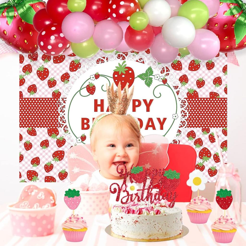 103 PCs Strawberry Party Decorations, Hombae Strawberry Decorations for Birthday Backdrop Balloon Garland Arch Happy Birthday Banner Cake Cupcake