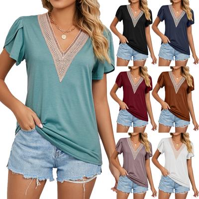 Spring/Summer Lace V-Neck Short Sleeve Solid T-Shirt Top