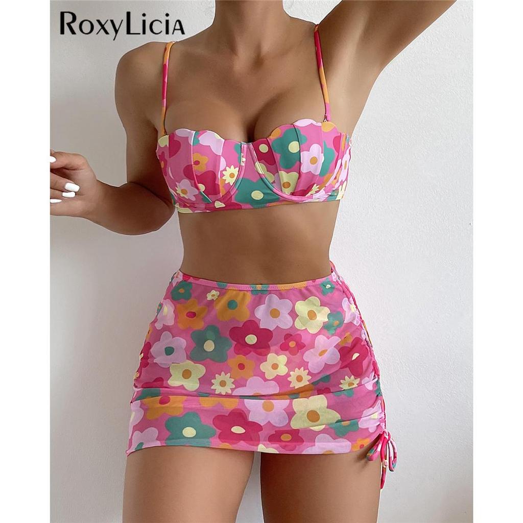 Květiny Bikiny Push Up Plavky Dámské Plavky Dámské Třídílné bikiny Souprava Podprsenka Košíčky Plavky Plavky
