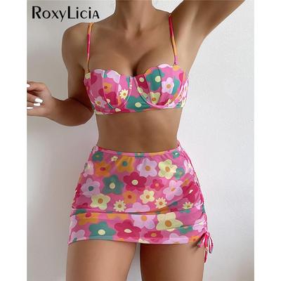 Blumen Bikini Push Up Badeanzug Weibliche Bademode Frauen Drei-stück Bikini set Mit Rock Bh Tasse Badende Badeanzug schwimmen