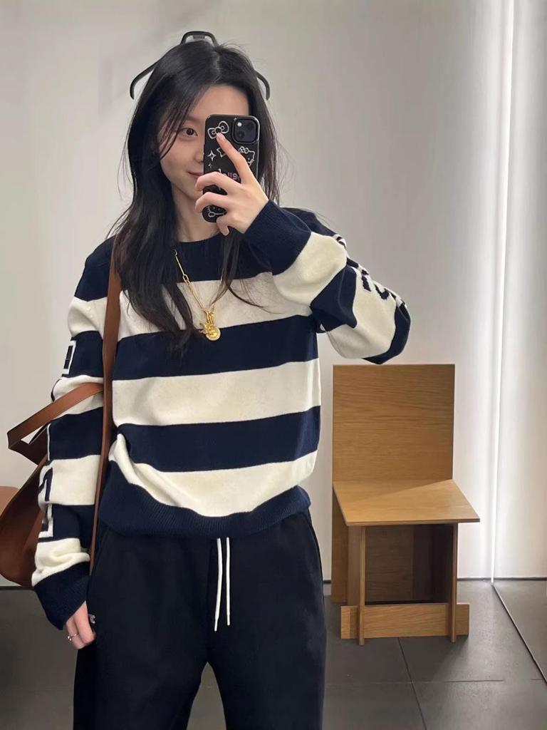 Women's Celebrity Style Color Block Striped Letter Knit Sweater - Round Neck, Long Sleeve, Versatile Pullover for Autumn/Winter