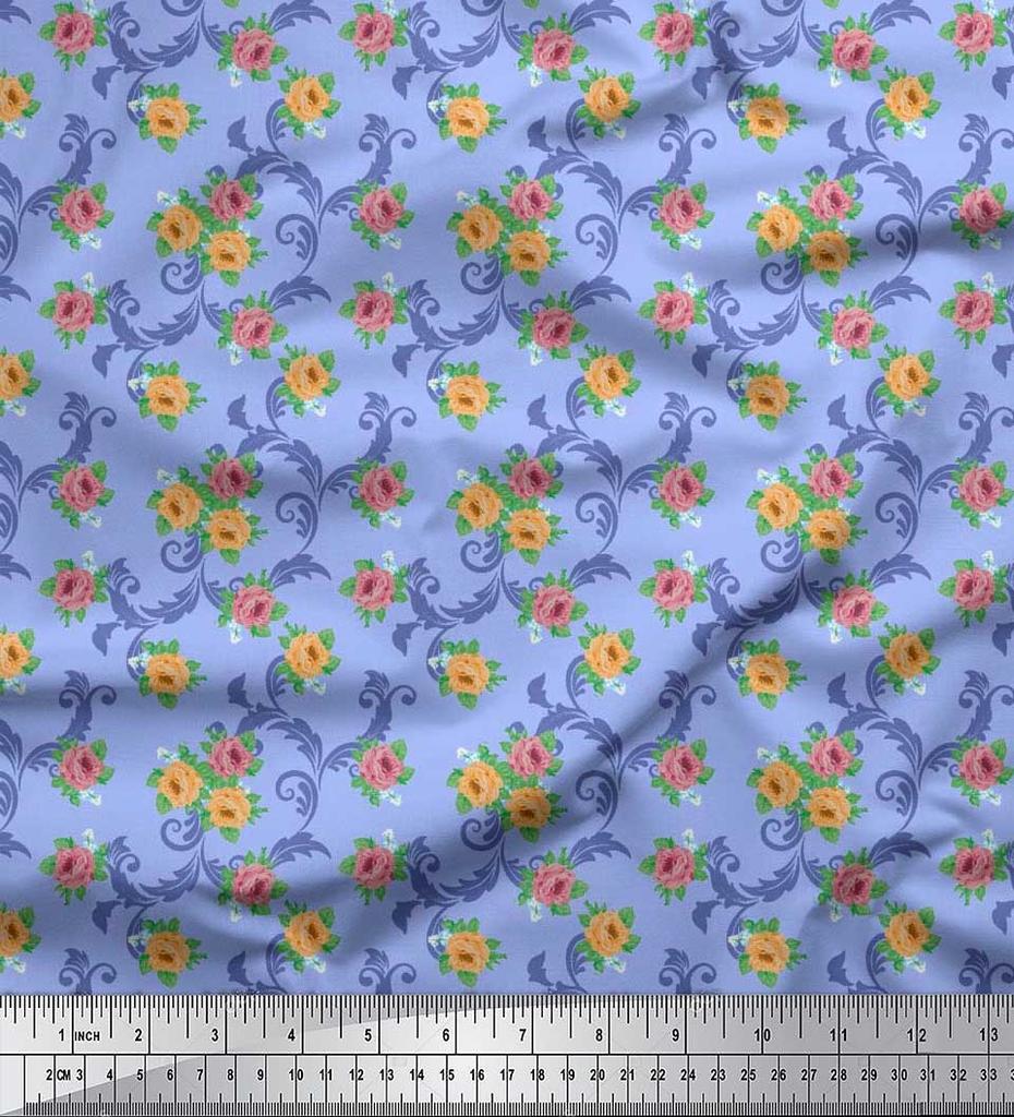 Soimoi Japan Crepe Satin Fabric Swirl,Leaves & Rose Floral Printed Fabric 1 Metre 42 Inch