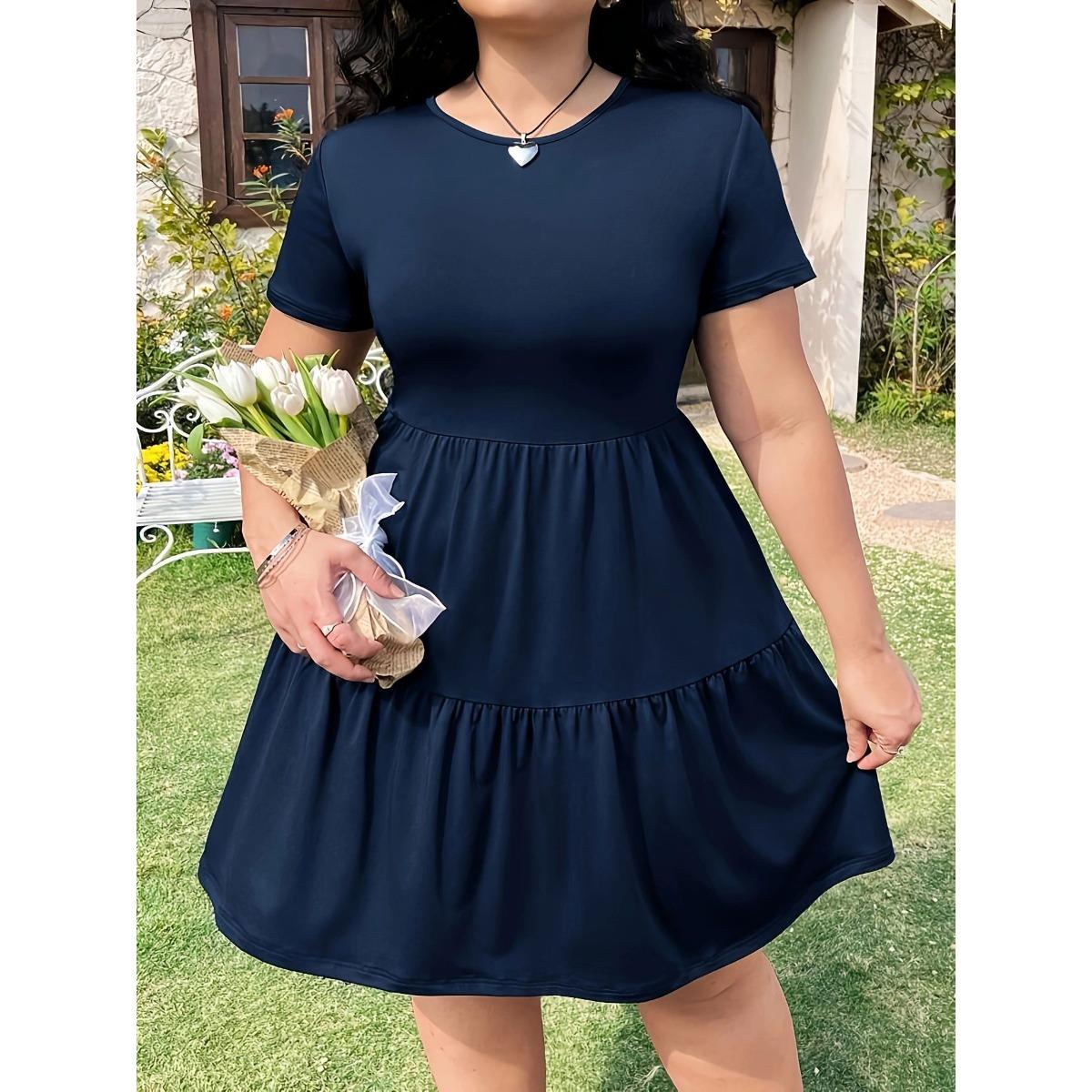 Women s Round Neck Short Sleeve Tiered Ruffle Hem Casual A Line Swing Mini Dress L темно-синий