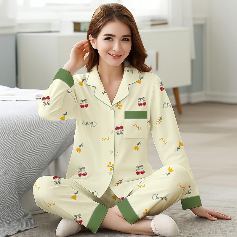Modischer floraler Pyjama Damen Frühling und Herbst Imitat Baumwolle Langarm-Cardigan Mittel Mutter Große Größe Anzug Loungewear