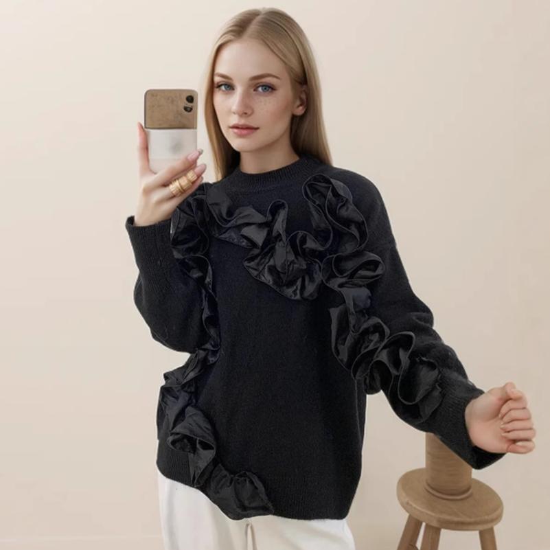 Women's Casual Fall Winter Long Sleeve Sweaters Crewneck Ribbed Knit 3D Flower Color Block Loose Pullover Tops Lightweight Sweater Jumper for Women