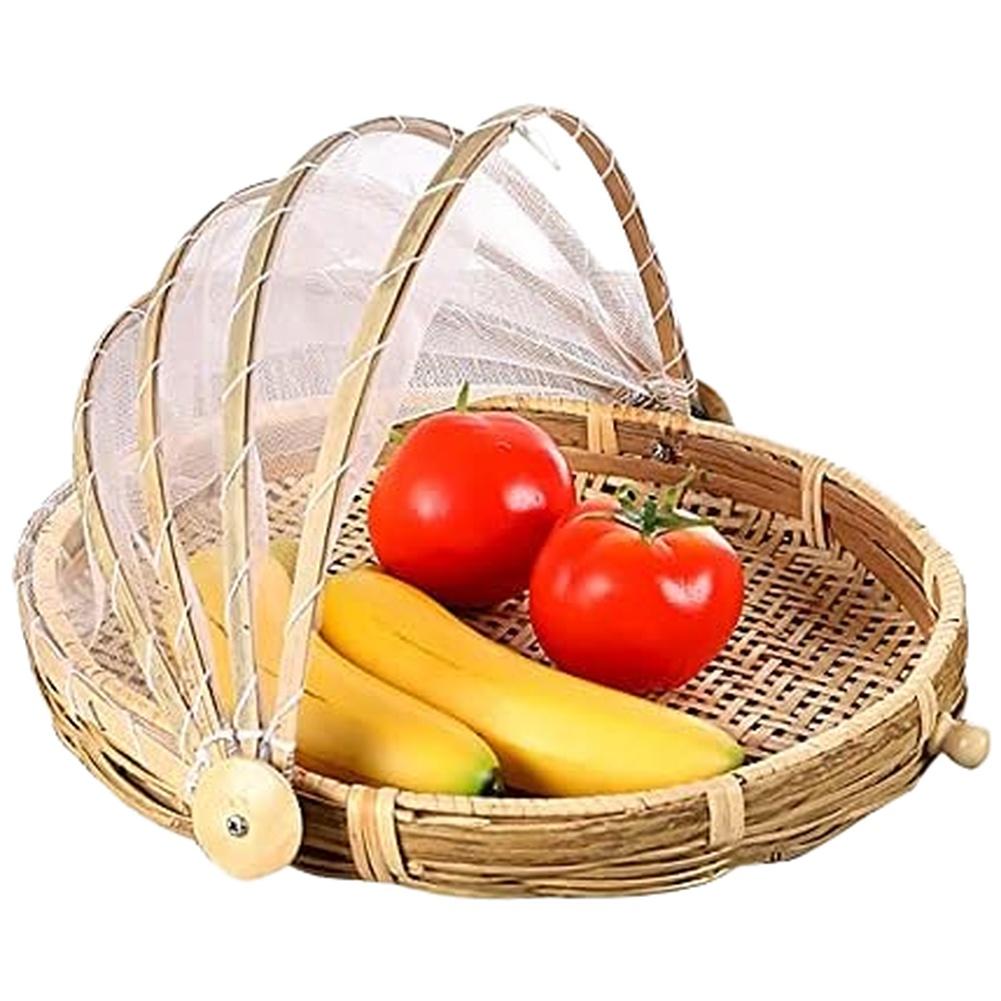 Mesh Covered Wooden Tent Basket for Food Serving at Outdoor For Picnics Barbecues and Potluck Dinners 25x14x3cm Yellow Color