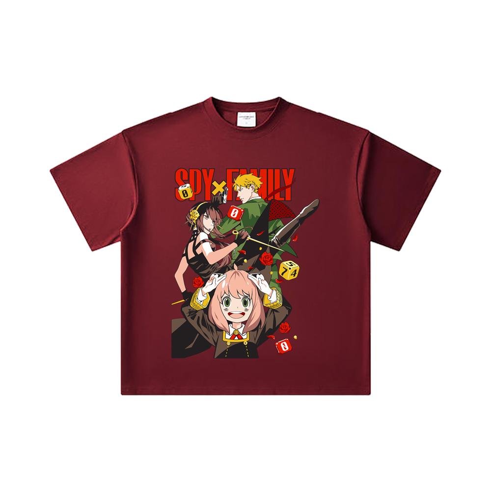 

260 GSM Double Yarn 32 Count 100% Cotton Spy Family V2 Print Unisex Heavy Cotton T Shirt 2XL вина червоного кольору