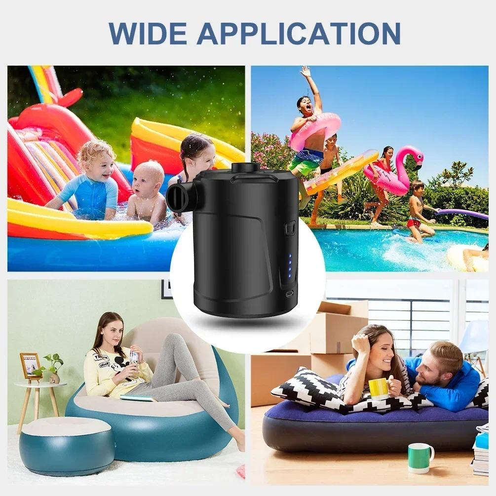 Portable Mini Electric Air Pump Inflator with 3 Nozzles 5200mAh Battery for Air Mattresses Pool Floats PVC Boat Swimming Ring