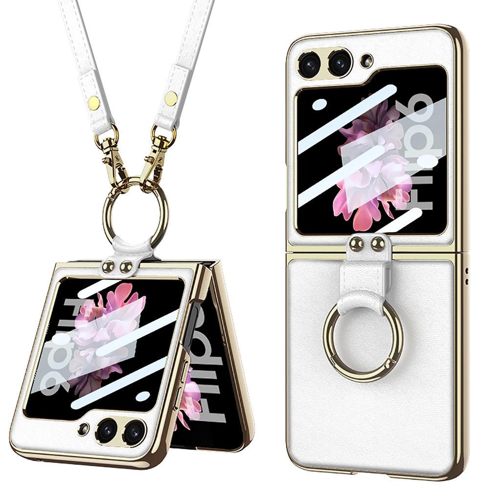 Luxury Plating Leather Shoulder Strap Case For Samsung Galaxy Z Flip 6 Screen Glass Ring Holder Cover For Galaxy Z Flip 5 Cases