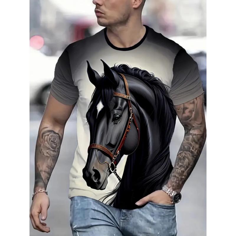 

Винтажные футболки для мужчин, модные повседневные футболки с принтом лошади и круглым вырезом, топы, уличные футболки с коротким рукавом в стиле Харадзюку, мужская одежда 3XL