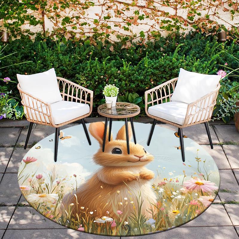 Rabbit and Flowers pattern round rug,Carpet Rug for Living Room Bedroom Sofa Playroom Decor,Non-slip Floor Mat,Holiday Gifts and Birthday Gifts