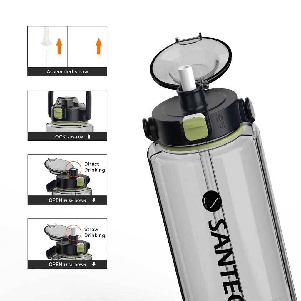 SANTECO Water 2 with Direct Easy To with Carry ERIE Plastic Cup Series Bottle, 2000ml, Liters, BPA-Free, Straw, Drinking, Ultra-Lightweight, Portable,