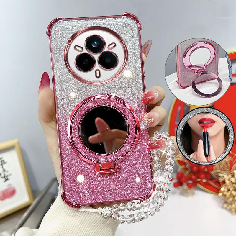 

Glitter Four-Corner Shockproof Phone Case with Mirror Stand Beaded Strap For Oppo Realme 14 Pro 14pro Plus 5G Back Cover Case Realme 14 Pro 5G