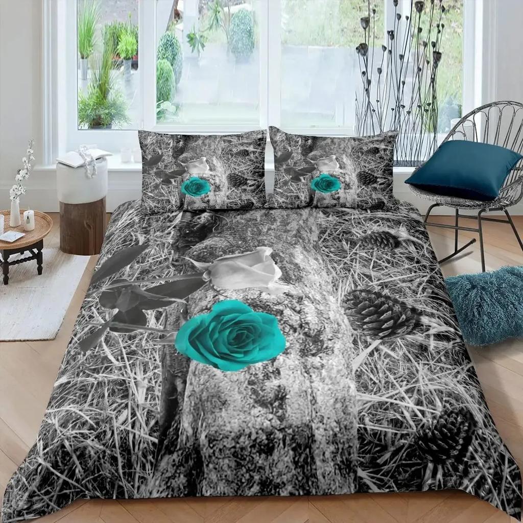 Růžová sada povlečení pro ženy Elegantní fialový květinový potisk Ložní sada Romantické květiny Třpytky King Size povlak na přikrývku Pro páry