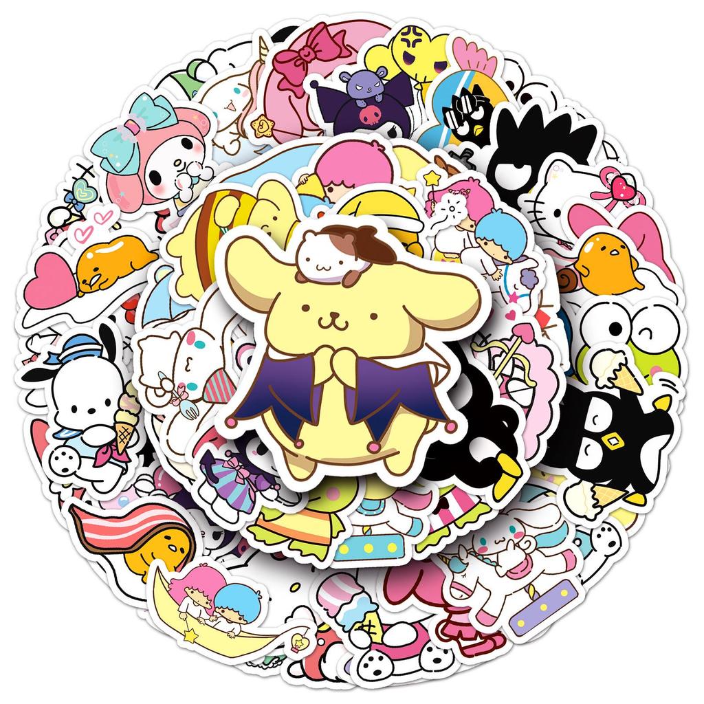 50 Sanrio Cartoon Stickers: Kuromi, Pompompurin, Suitcase, Water Cup, Guitar, & Little Mochi Designs