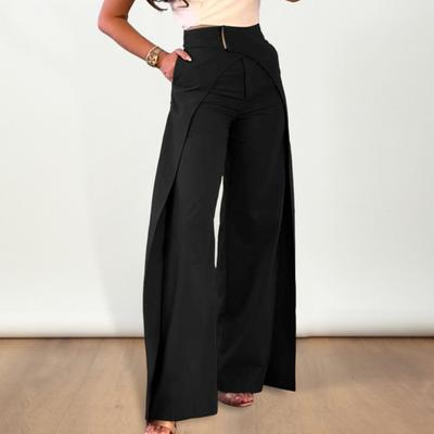 Yousheng Women Long Pants Cross Design High Waist Casual Pants with Pockets Solid Color Straight Wide Leg Office Lady Trousers
