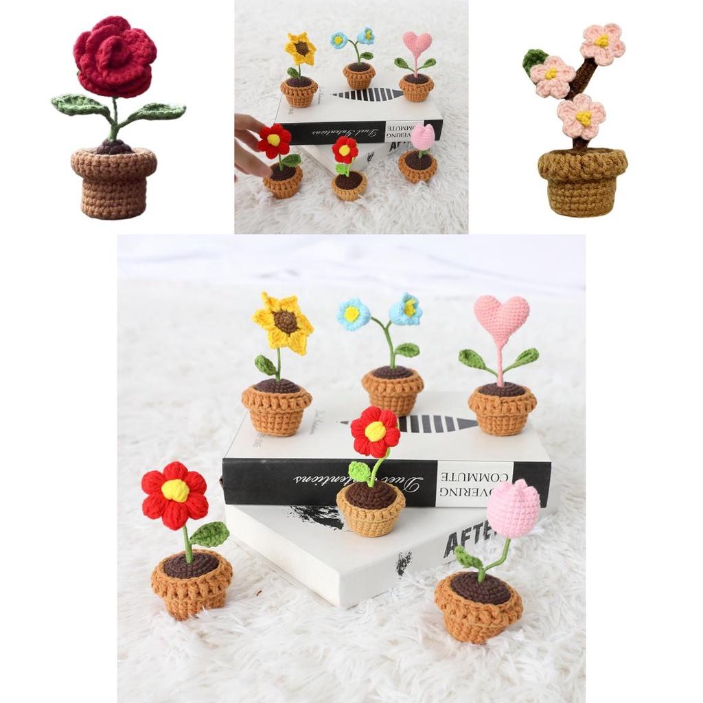 Handmade Knitting Flower Weaving Potted Plant Crochet Floral Decoration