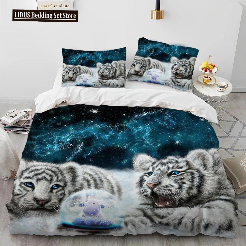 3D Tiger Leopard Wolf Animal Luksusa gultas veļas komplekts, Segas segas gultas komplekts Segas pārvalks spilvendrāna, Karaļa izmēra gultas veļas komplekts