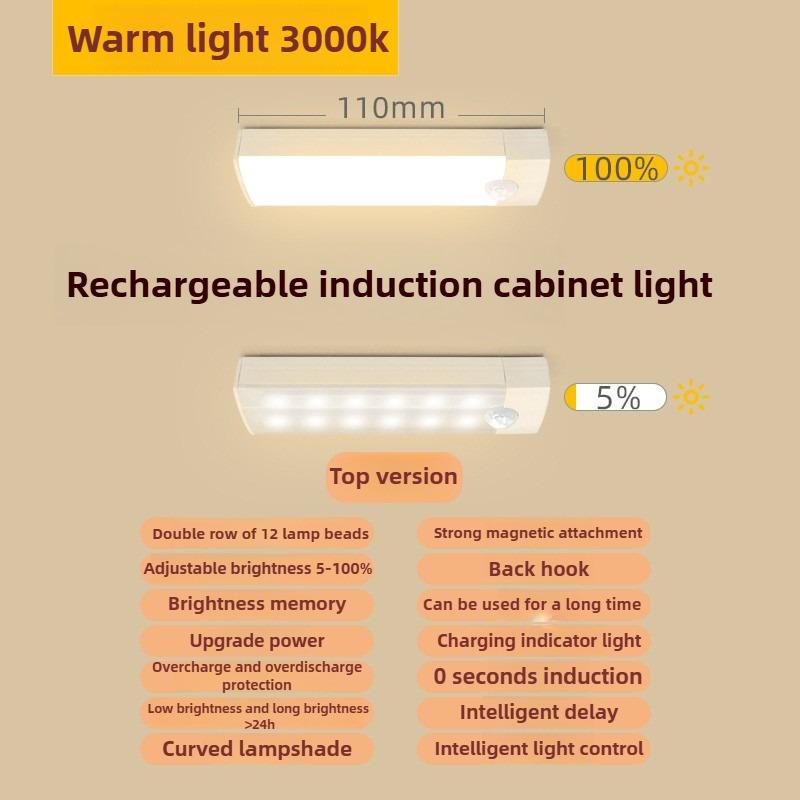Motion Activated LED Bar USB Rechargeable Magnetic Night Light for Kitchen Cabinet Bedside Room Portable Sensor Lamp
