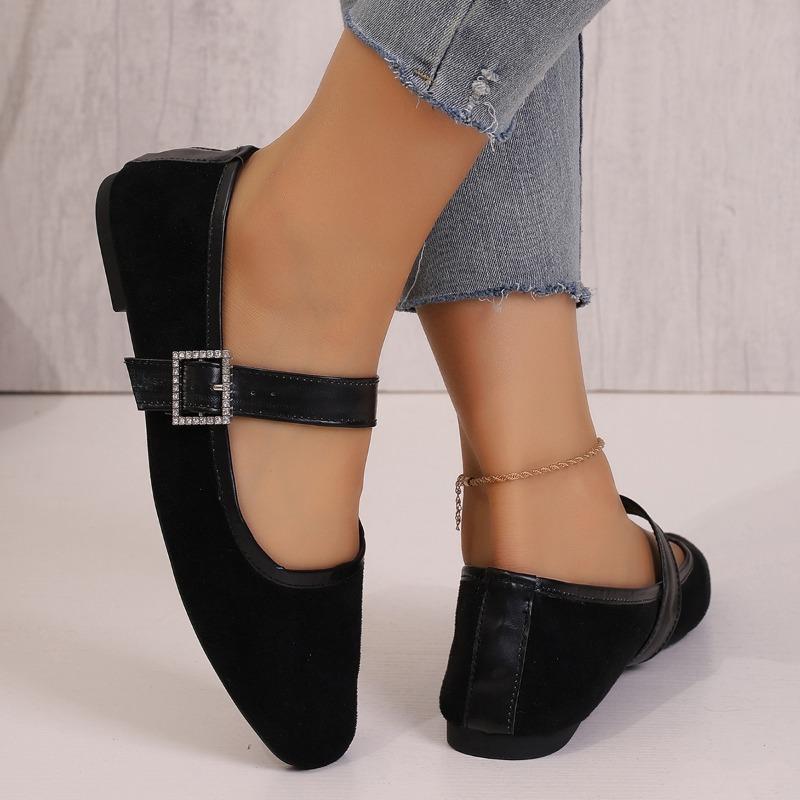 Women's Retro Suede Elegant Square Toe Pumps Flat Heel Single Shoes Women's Fall One Line Strap Low Heel Mary Jane Shoes