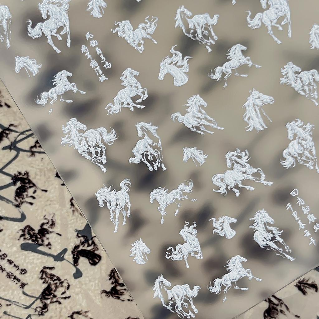 Ink Painting Style Vivid Black White Horse Self Adhesive Nail Art Sticker Diy New Year Decoration Manicure Decal