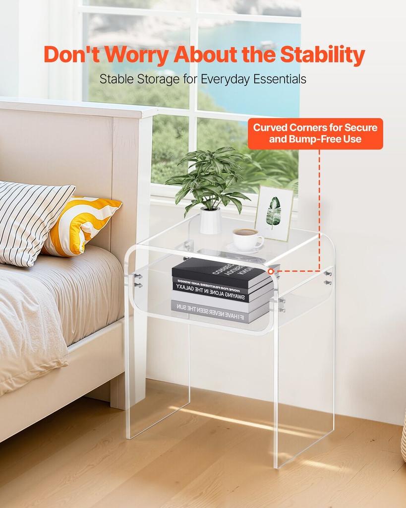 Acrylic Side Table, 2 Tiers Clear Bedside Table with Storage Shelf, Modern Rectangle Acrylic End Desk, Transparent Thick Nightstand for Bedroom,