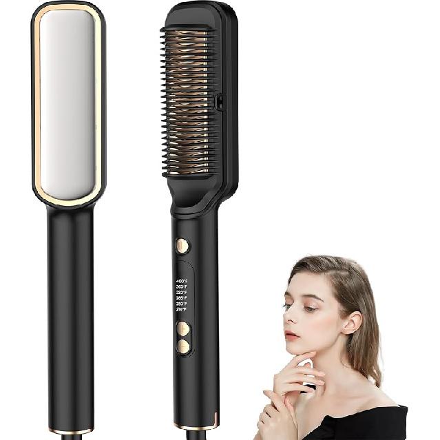Hair Straightener Brush with Ceramic Coating, Hair Straightener Comb 6 Temps Settings up to 210-400F, 20s Fast Heating, Double Voltage 110-240V