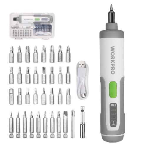 WORKPRO Cordless Electric Screwdriver Set, 3.6V Rechargeable, Interchangeable Torque Adjustable, Manual/Manual Use, LED Light, Includes 34 Cr-V Bits,