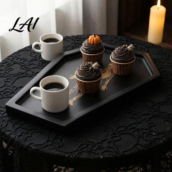 Funny Holiday Props Halloween Gothic Serving Tray with Engraved Skeleton Wooden Charcuterie Board Casket Home Decor Accessories Shape Storage
