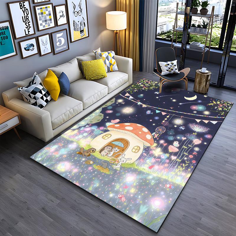 Whimsical Night Forest Carpet with Animals and Mushroom House Suitable for Use As an Anti-slip for Living Room Bedroom Sofas