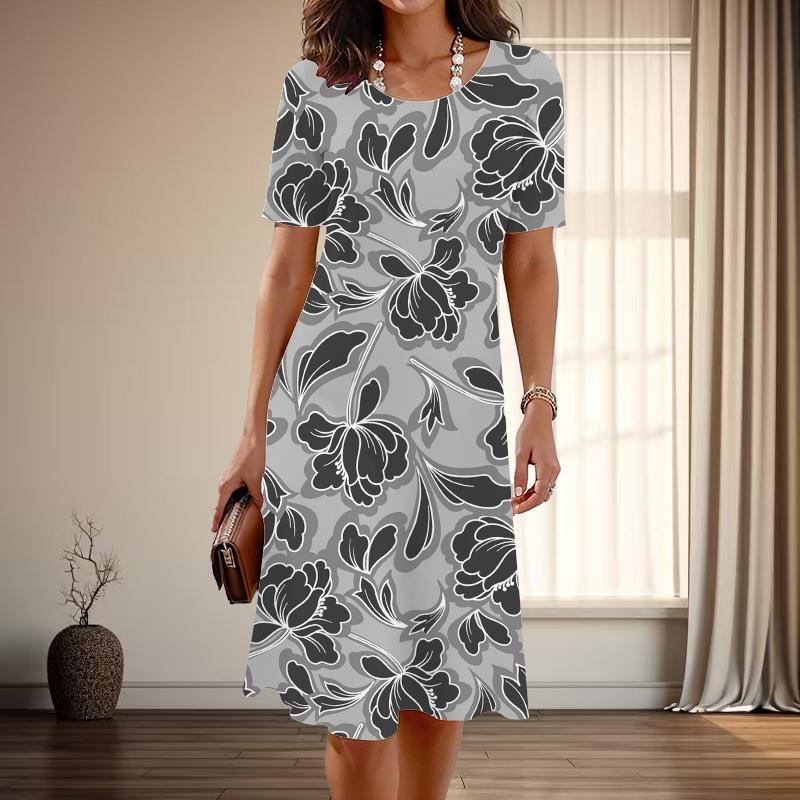 Moda damska Elegancki kwiatowy nadruk Lato Wiosna Krótki rękaw O-Neck Sukienki casualowe
