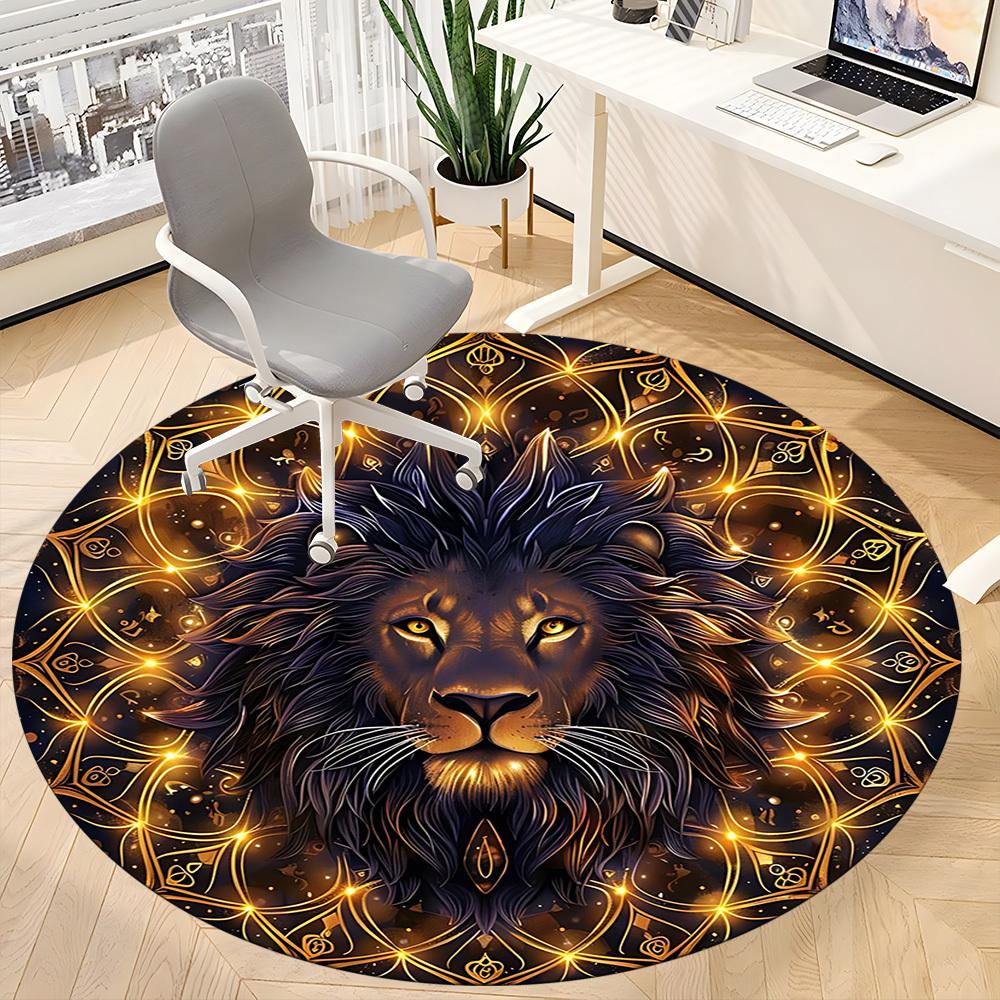 1pc Lion Mandala Chair Carpet for Office, Round Polyester Mat, Indoor Decor for Office, Easycare Fabric, Washable Non-slip Area Carpet