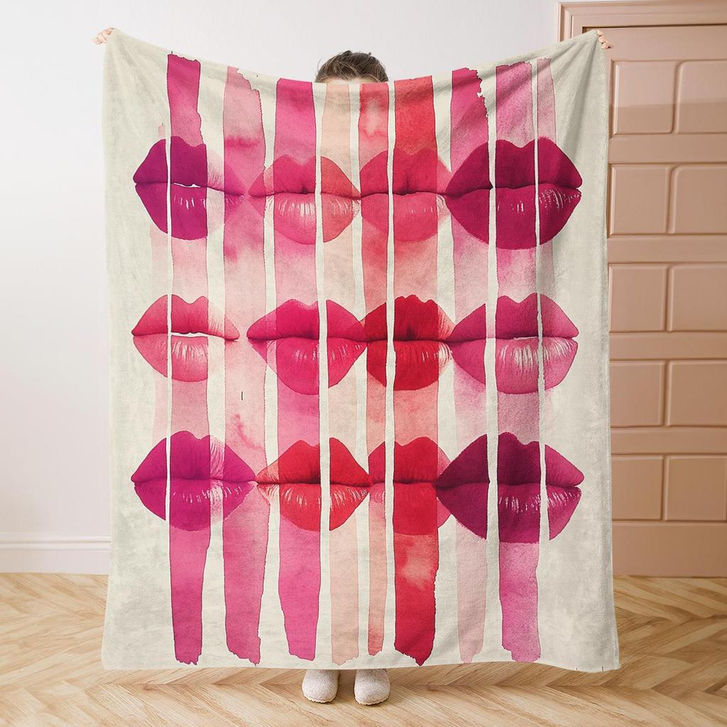 Red lip print design pattern Flannel printed blanket suitable for all seasons suitable for living room office sofa and travel