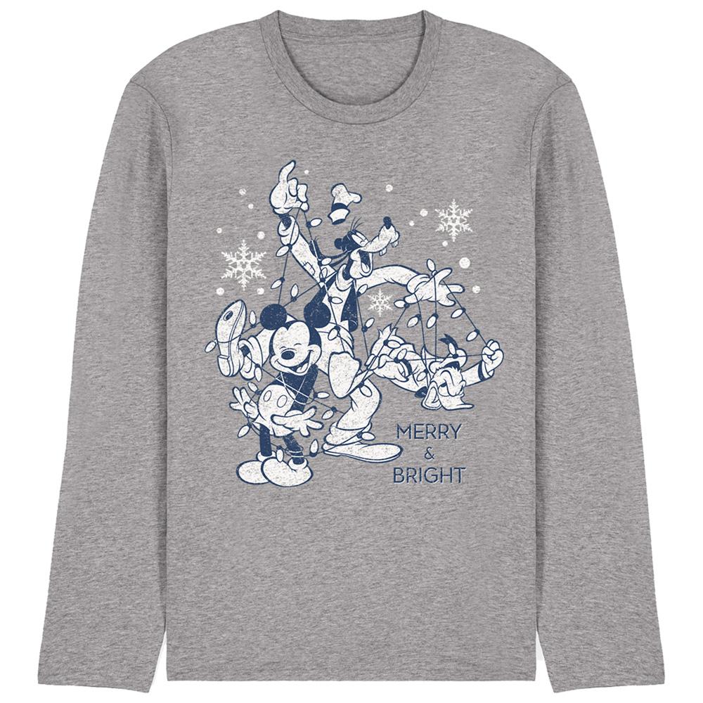Disney Camiseta Unissex Adulto Mickey Mouse Merry, Bright And Tied Up In Lights Heather Manga Longa